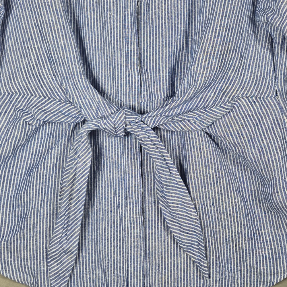 Lauren Ralph Lauren Shirt L Blue White Striped 100% Linen Tie Front Short Sleeve - Picture 4 of 11